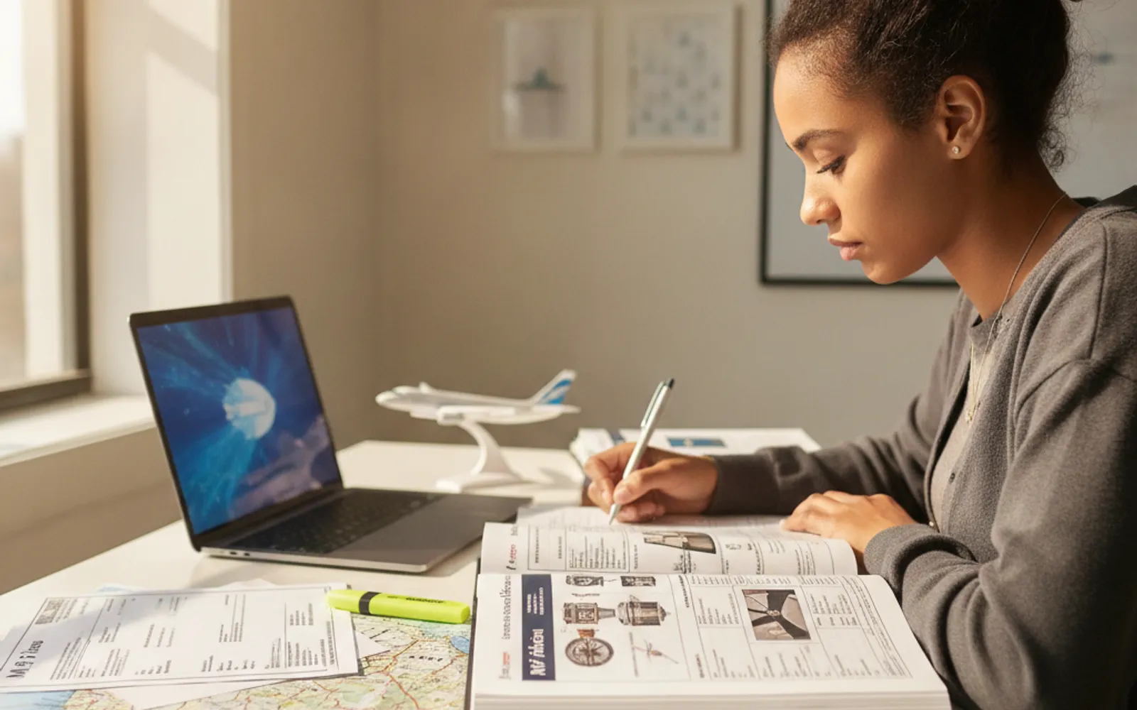 Documentación de visa M-1 y formulario I-20 sobre escritorio, con mapa de Miami y EE.UU. — estudiante internacional de vuelo